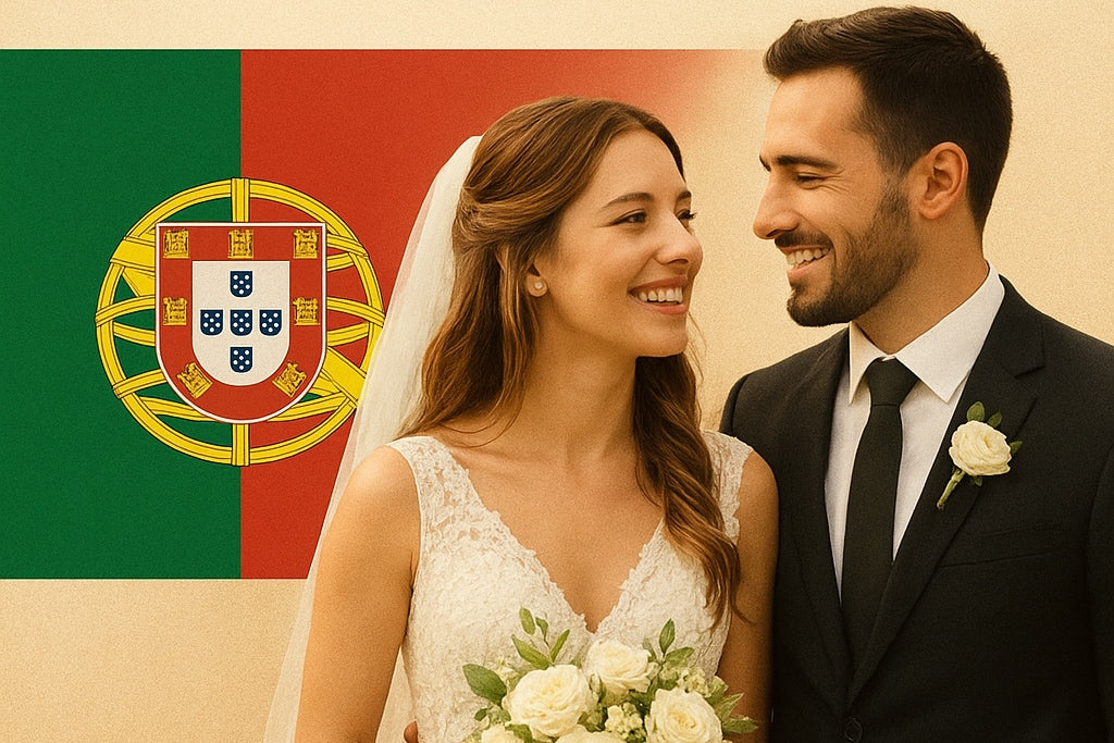 Jeune couple de mariés souriant devant un drapeau portugais, mariage au Portugal