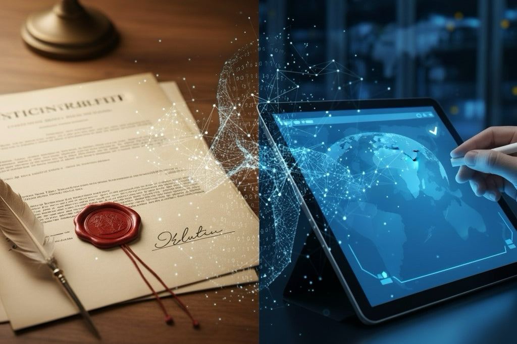 Document officiel avec sceau rouge et signature, tablette numérique avec carte du monde, traduction assermentée en ligne