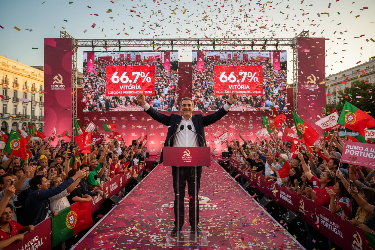 Candidat célébrant victoire présidentielle portugaise 2026, foule, drapeaux, confettis