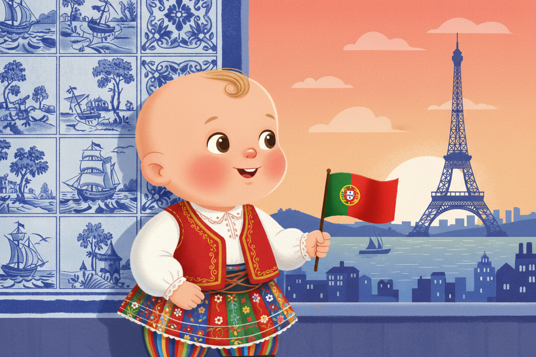 Bébé en costume portugais tenant un drapeau du Portugal devant la tour Eiffel, azulejos en fond
