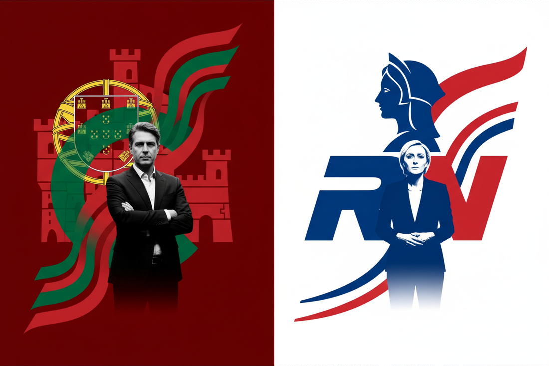 Comparaison visuelle de personnalités politiques portugaises et françaises devant les symboles nationaux.