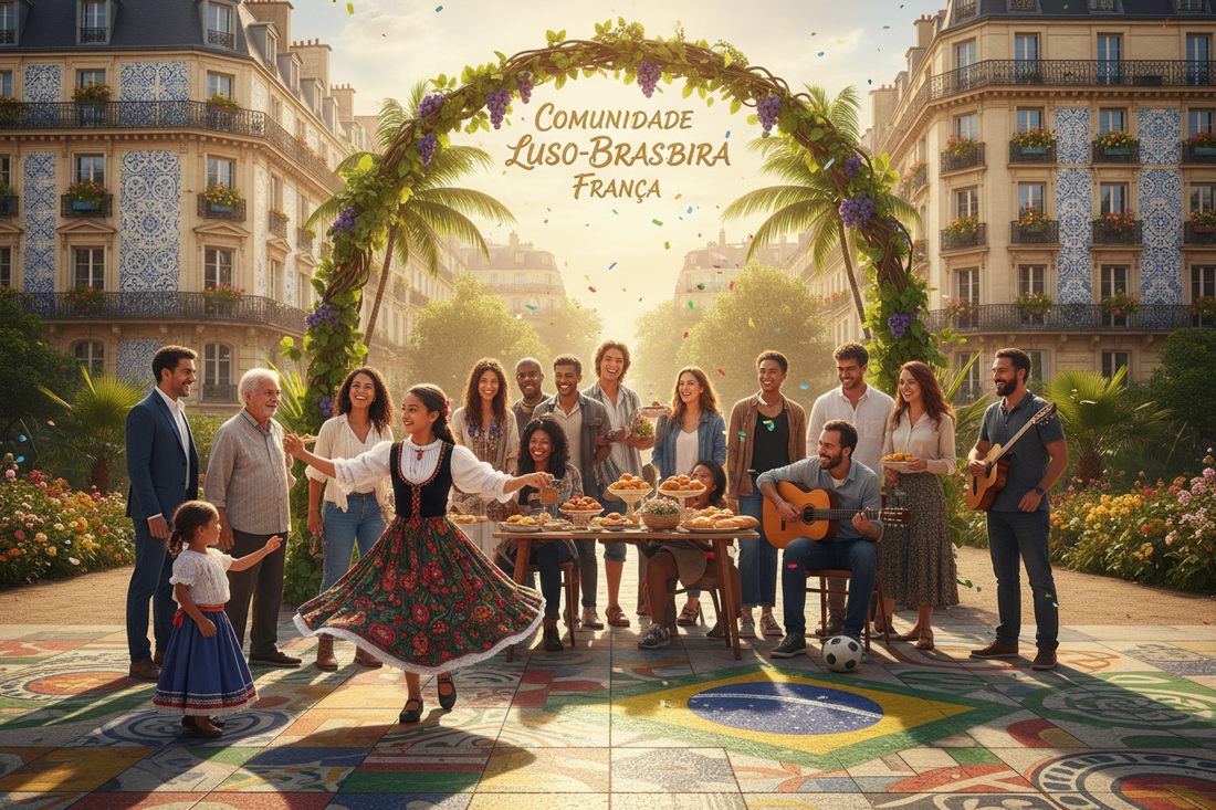 Groupe de la communauté lusophone en France célébrant, costumes traditionnels, musique et pâtisseries portugaises, place décorée, drapeau brésilien au sol.