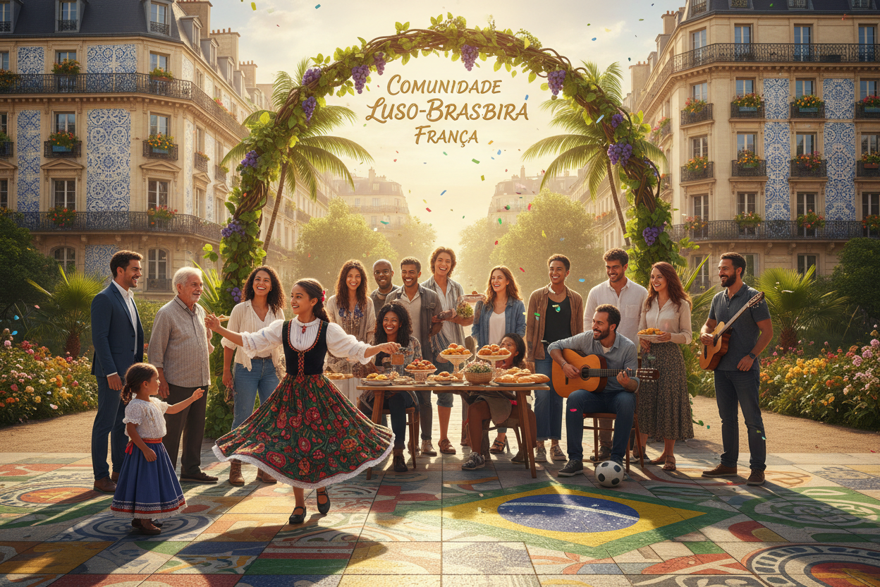 Groupe de la communauté lusophone en France célébrant, costumes traditionnels, musique et pâtisseries portugaises, place décorée, drapeau brésilien au sol.