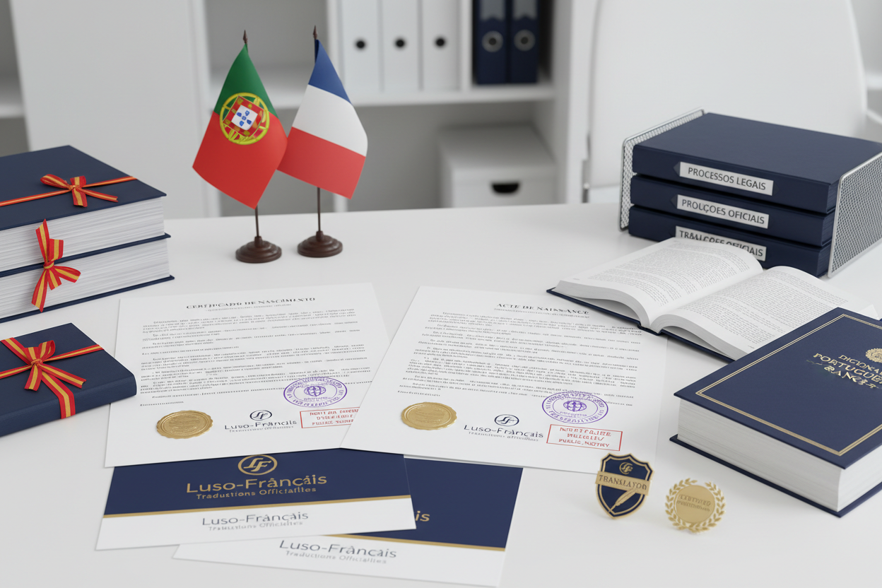 Documents officiels traduits portugais-français, sceaux, drapeaux, bureau de traduction assermentée
