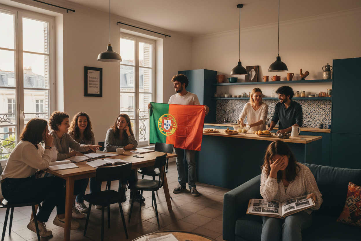 Groupe de jeunes franco-portugais souriants dans une cuisine, homme tenant un drapeau portugais, ambiance conviviale, référence à l'identité culturelle et aux échanges linguistiques.