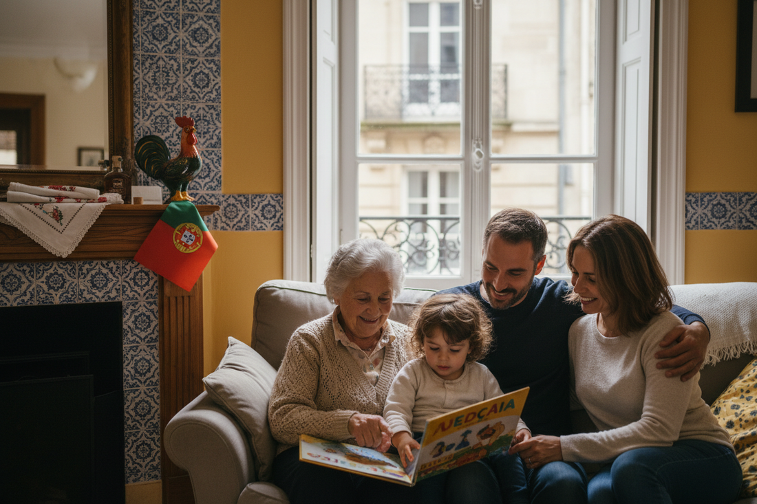 Famille portugaise en France lisant ensemble, transmission de la langue et culture portugaise.