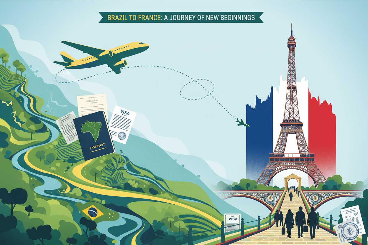Illustration d'un avion voyageant du Brésil vers la France, passeport, visa, tour Eiffel.