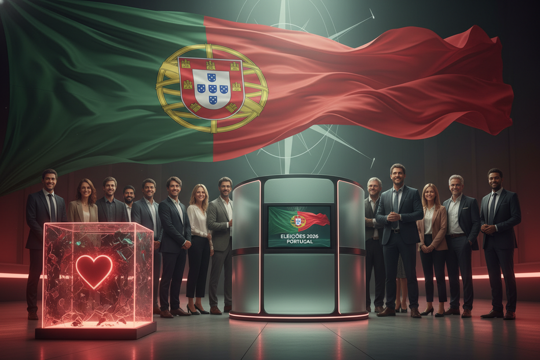 Groupe de professionnels devant un drapeau portugais, panneau 'Élections 2026 Portugal' et décor moderne