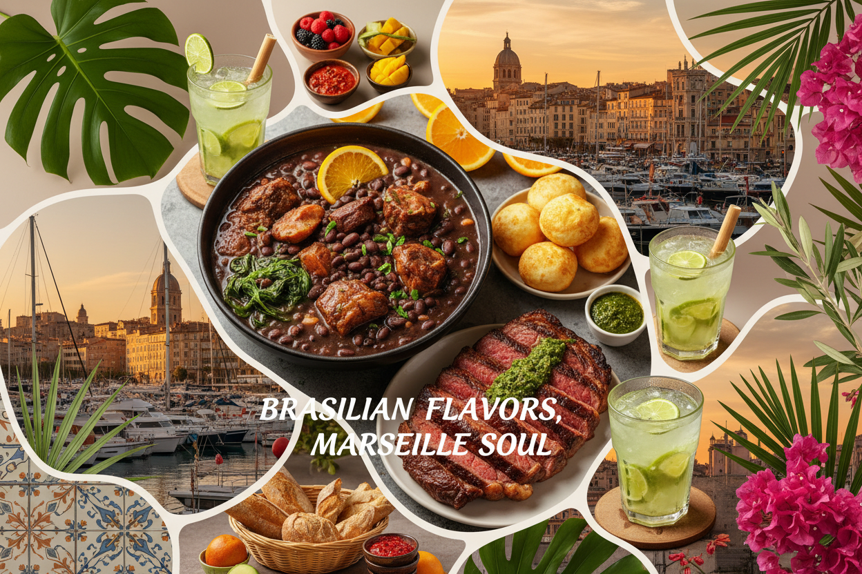 Spécialités brésiliennes et boissons à Marseille, vue du Vieux-Port au coucher du soleil.