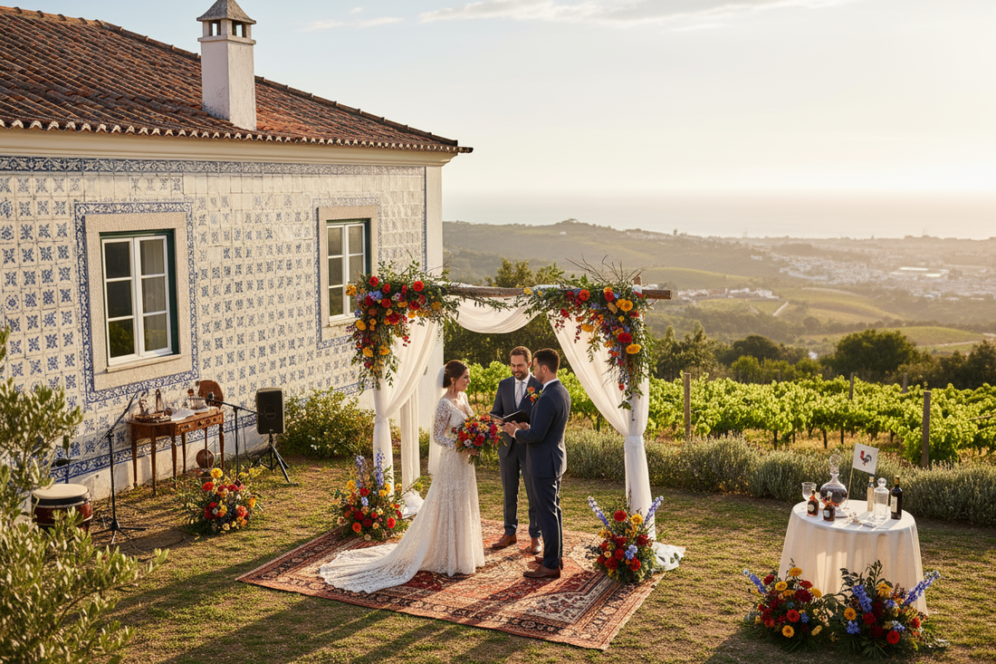 Cérémonie de mariage au Portugal devant maison azulejos, décor champêtre fleuri