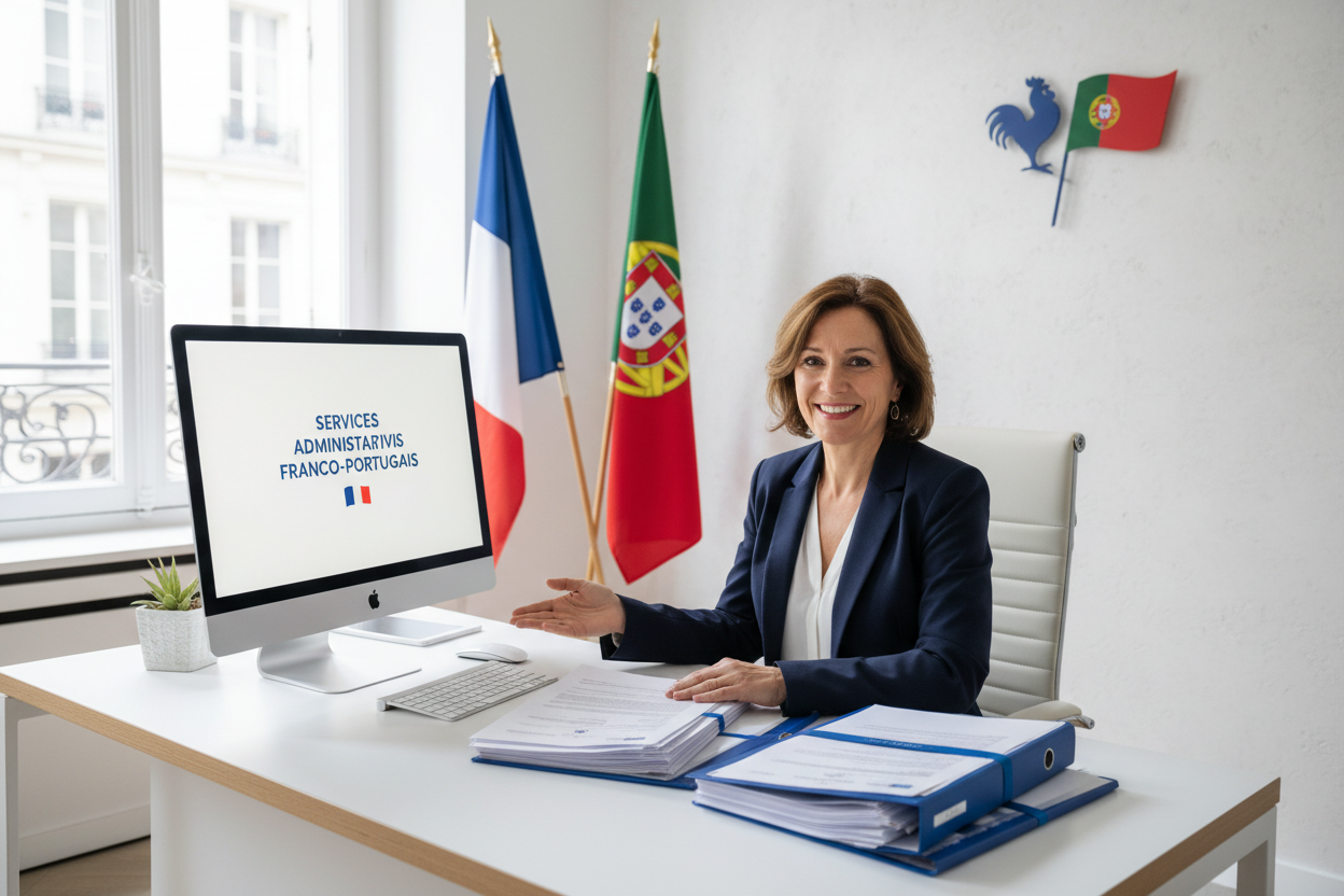 Femme souriante au bureau, drapeaux français et portugais, services administratifs bilingues