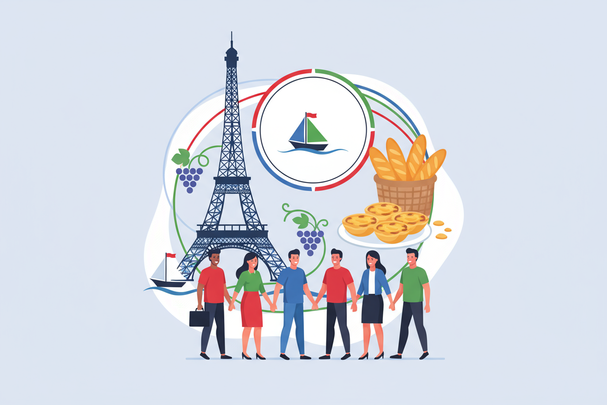 Illustration de Portugais en France avec Tour Eiffel, groupe de personnes, et spécialités portugaises.