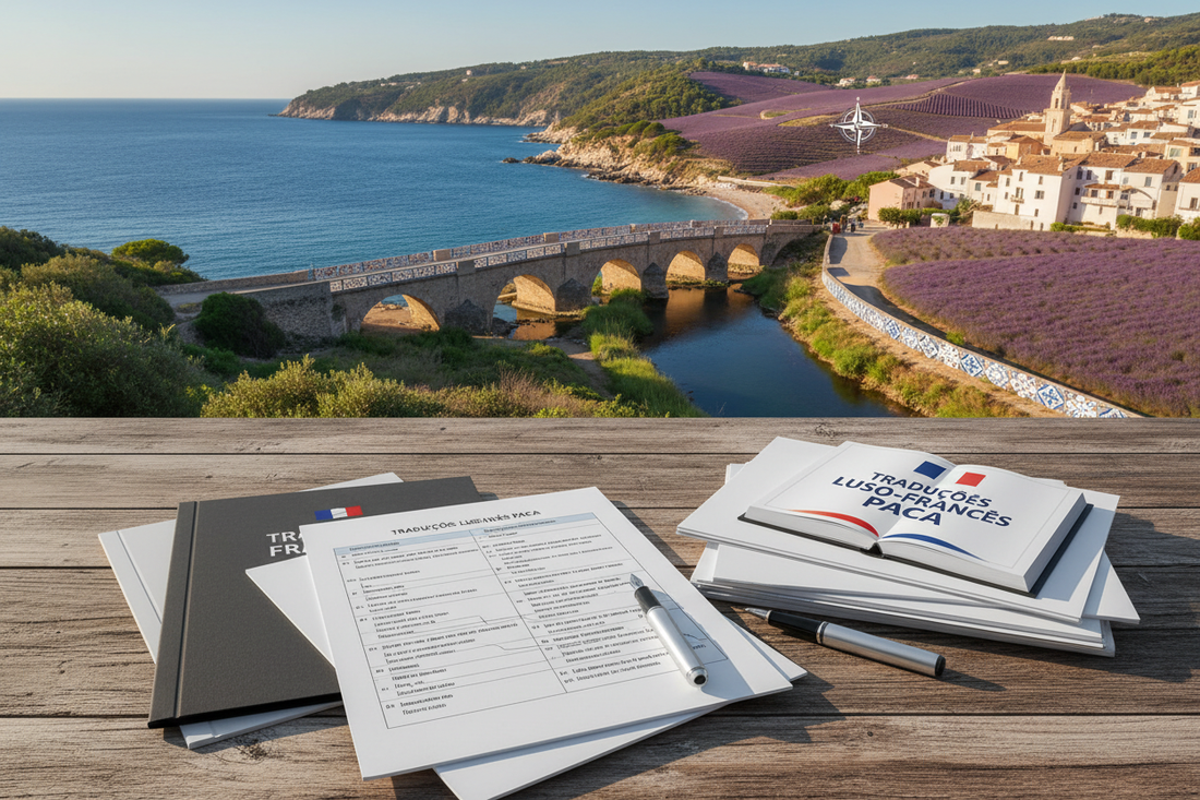 Traductions assermentées portugais français sur bureau, lavande Provence, vue village mer