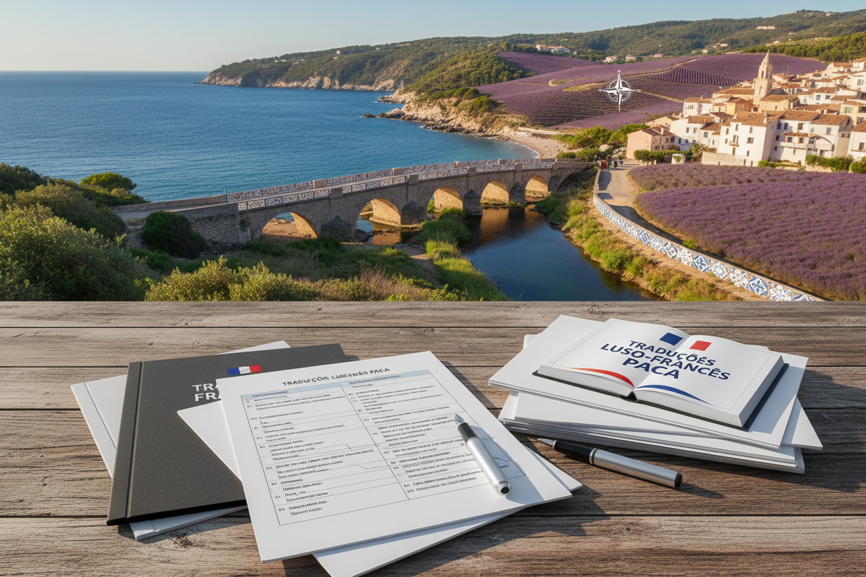 Traductions assermentées portugais français sur bureau, lavande Provence, vue village mer