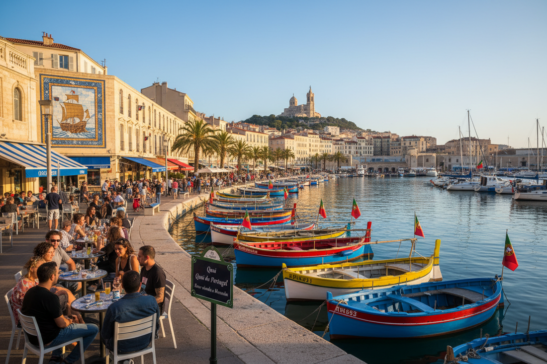 Vieux-Port de Marseille, terrasses animées, barques portugaises, panorama urbain, été