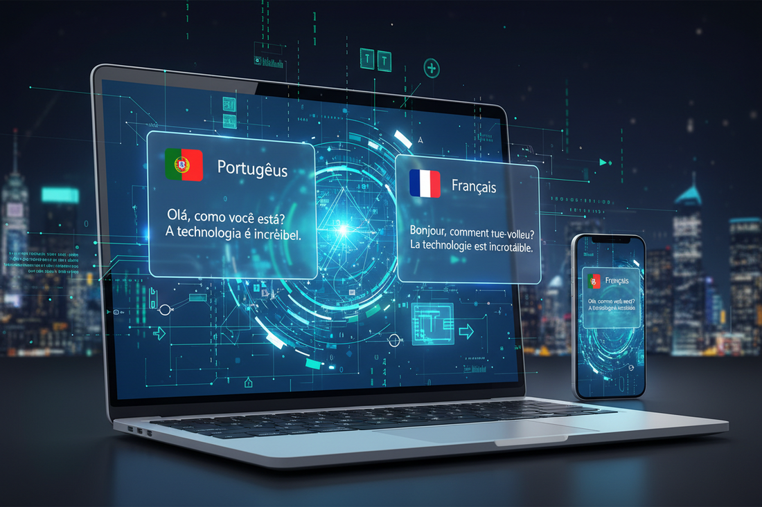 Traduction automatique portugais français sur ordinateur et smartphone, interface moderne et numérique