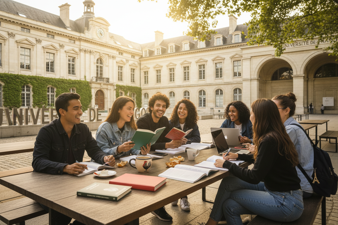 Étudiants lusophones discutant et étudiant à l’extérieur d’une université en France