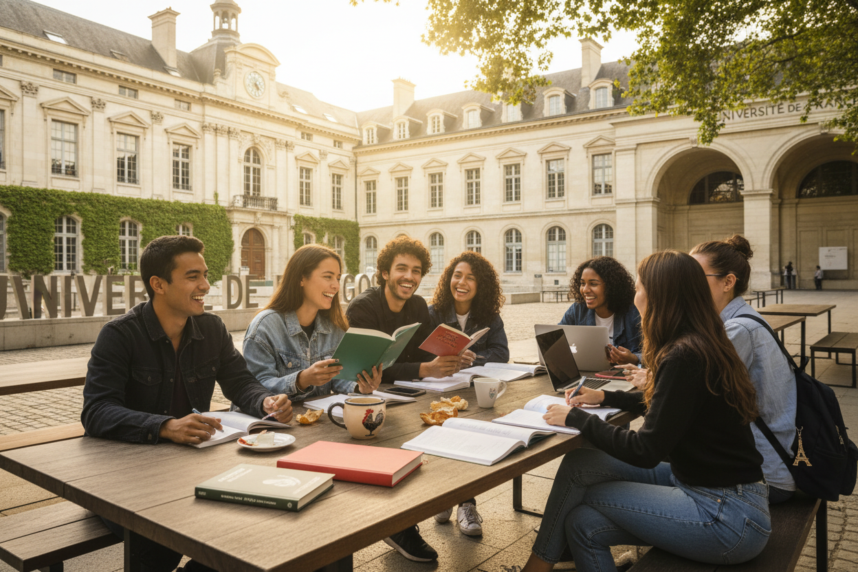 Étudiants lusophones discutant et étudiant à l’extérieur d’une université en France