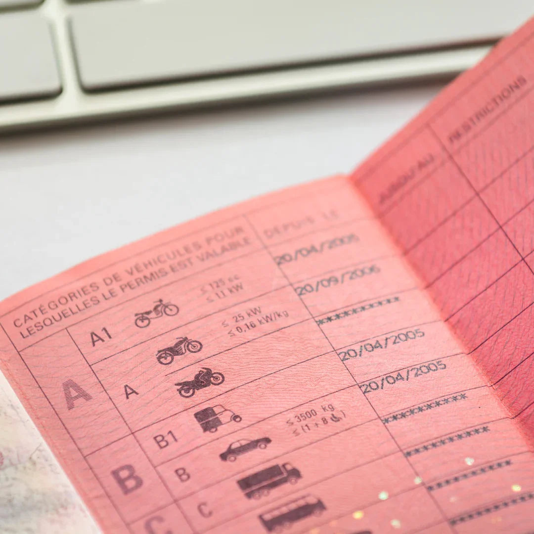 Permis de conduire français ouvert, catégories de véhicules, document officiel à traduire